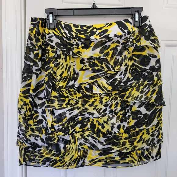 Cache Ruffled Side Zip Mini Skirt Black Yellow Animal Print Retro Size 6 - Picture 1 of 10